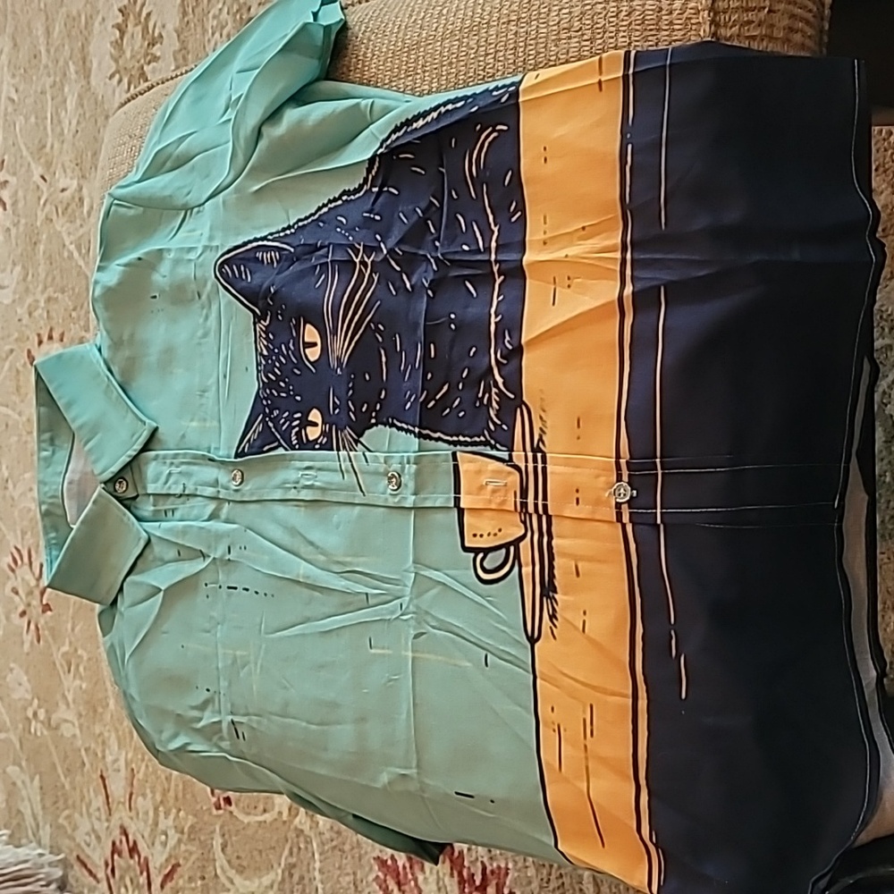 Mens button shirt with black cat